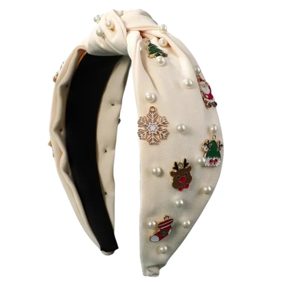 White Faux Pearl Rudolph Charm Christmas Headband
